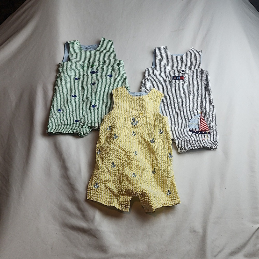 Little Me Seersucker Romper Nautical Whale Anchor Boys Size 12 Months 3-Pack